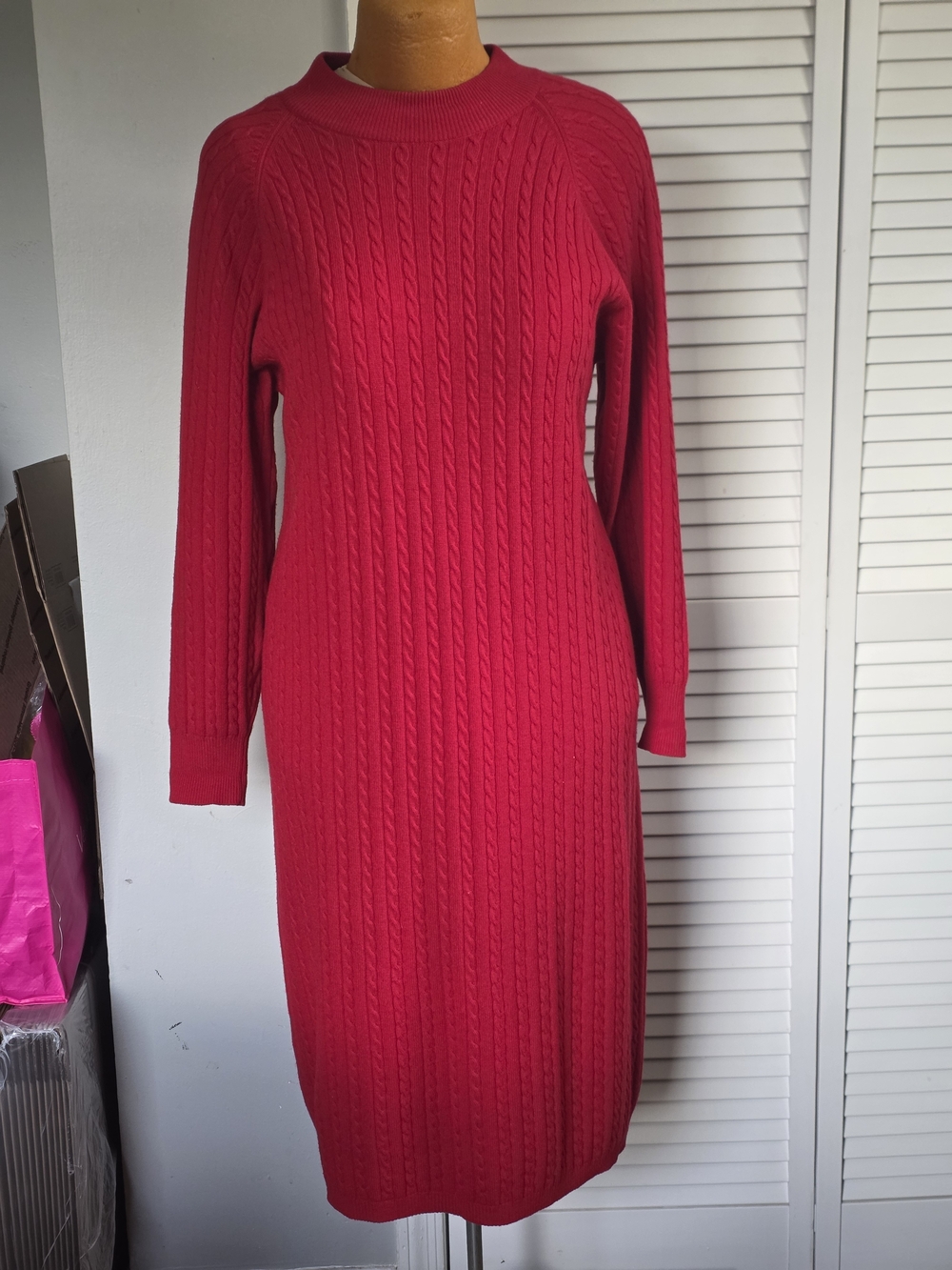 Orvis Vintage 100% Cashmere Cable Knit Sweater Dress Red Women's Sz L Quiet Luxe